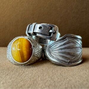 Set of 3 Vintage Silver and Silver Plated Rings Tigers Eye Spoon Ring Belt Ring